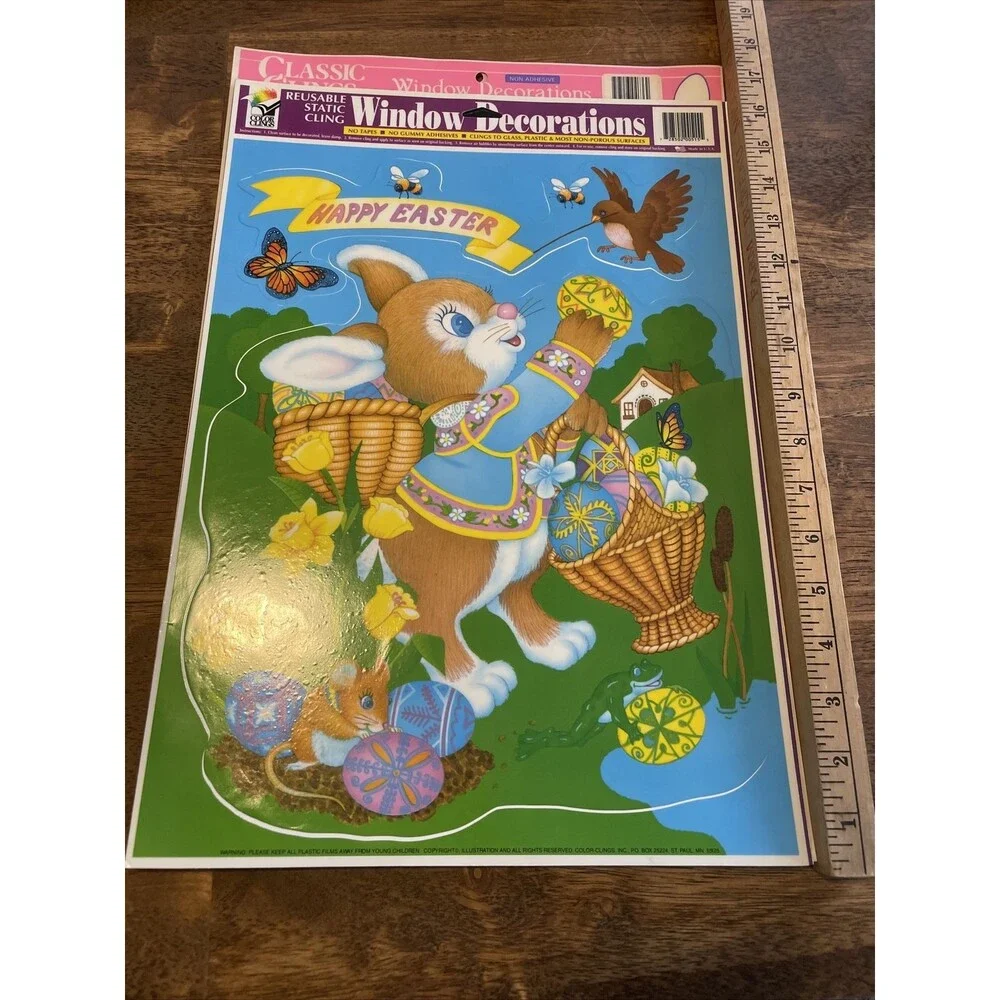 5 Vintage Easter Spring Vinyl Window Clings Bunny Colorful Eggs Birds Artist